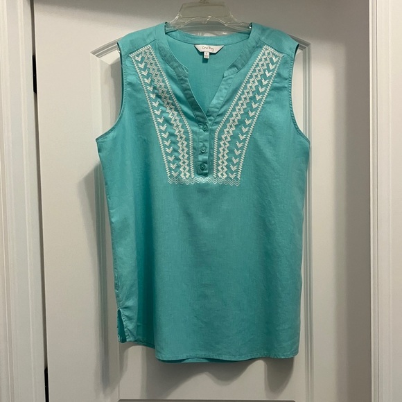 Coral Bay Tops - Coral Bay Turquoise Sleeveless Blouse with Embroidery Size Large